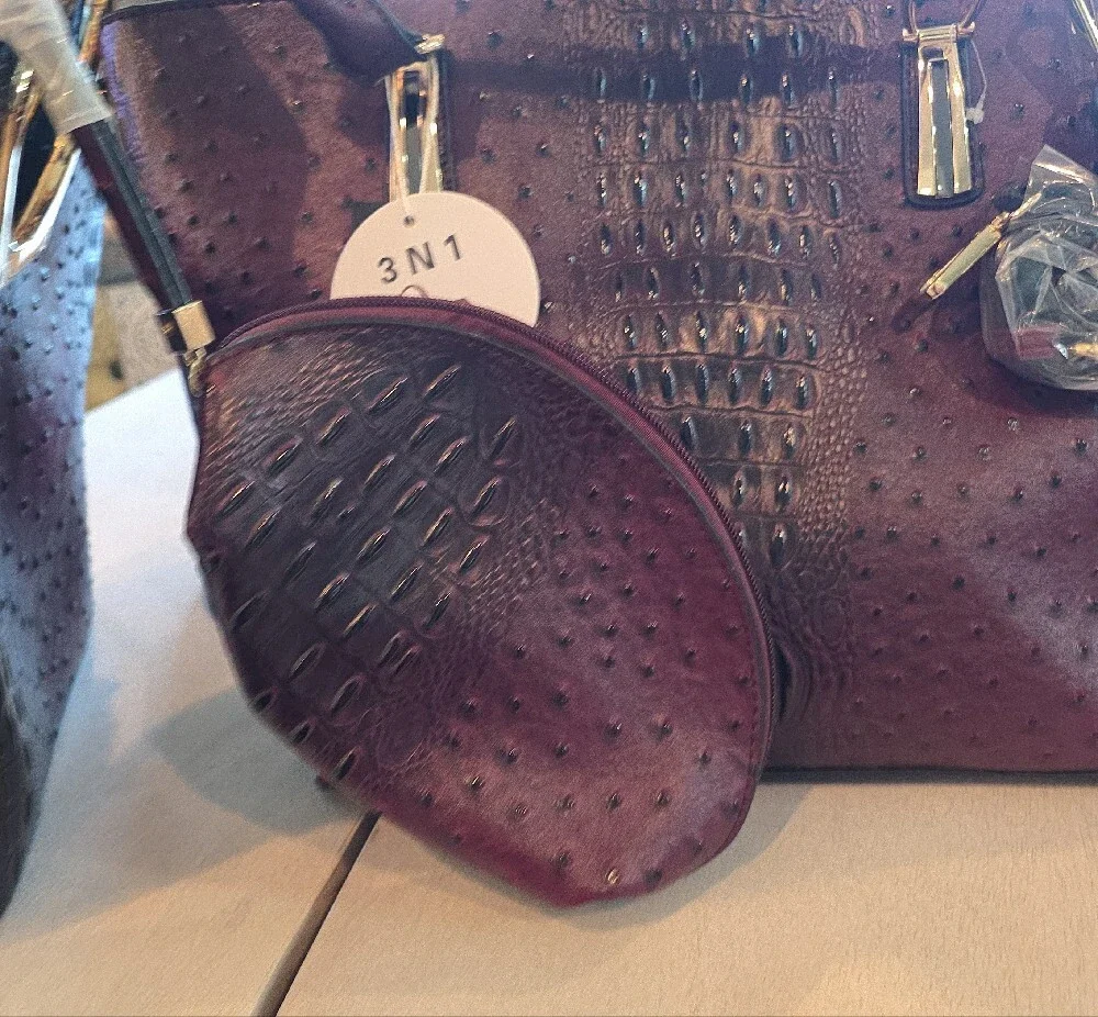 Croc-Embossed Structured Tote in Plum with Gold Hardware 3 Bags In 1